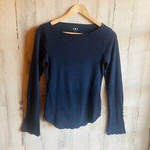 NWOT Three Dots Boatneck Knit Top S Navy Blue Flared Cuff w Button Detail